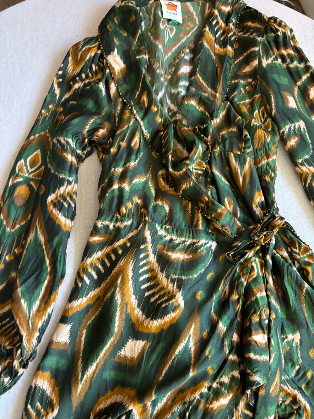 Farm Rio Pineapple Ikat Wrap Midi Dress Green Asymmetric Tropical Size XL - Picture 4 of 12